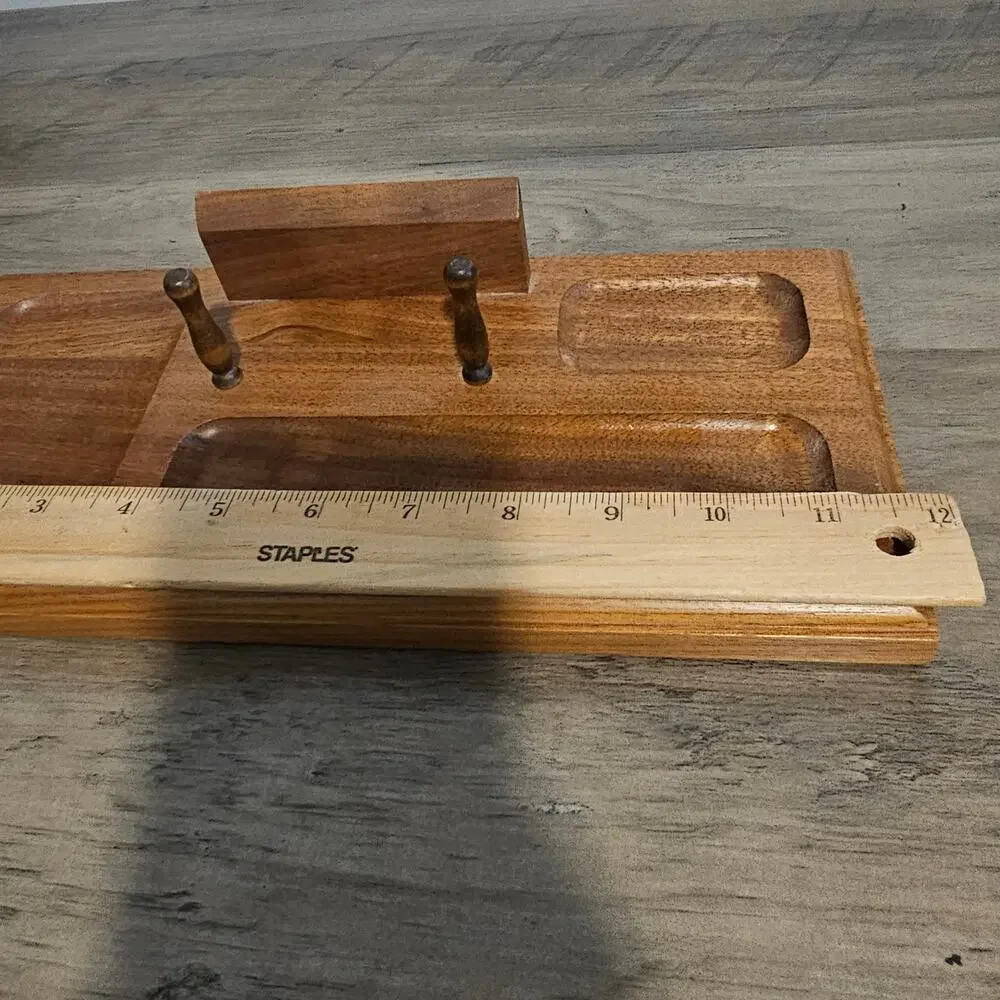 Vintage MCM Walnut Wood Mens Dresser Valet Tray Desk Catchall Organizer Caddy